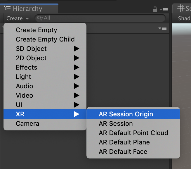Screenshot of the create object menu in Unity.