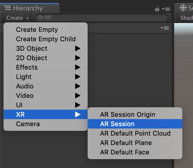 Screenshot of the create object menu in Unity.