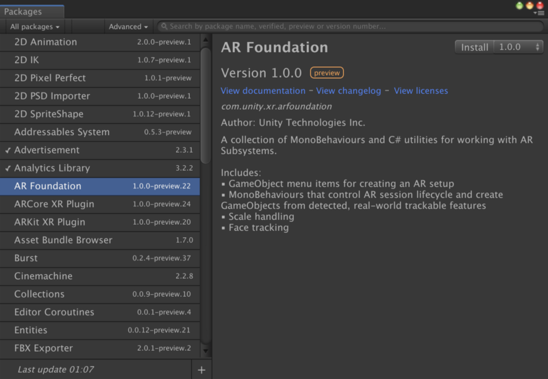 Screenshot of the package manager in Unity.