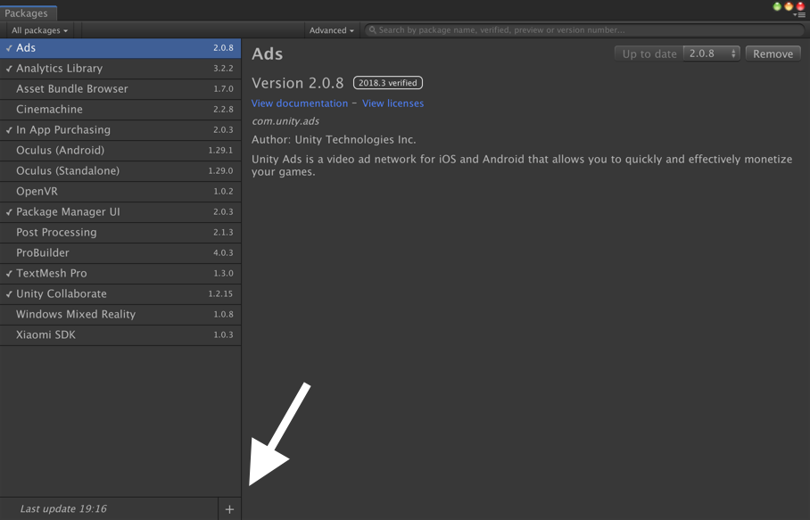 Screenshot of the package manager in Unity.